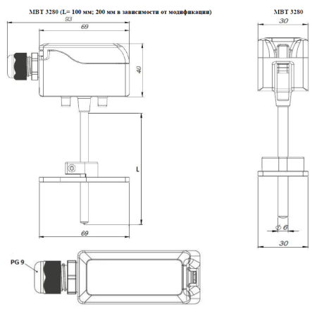 Канальный датчик температуры, -50…+110, PT1000, 100 мм, d=6мм,  097U0109
